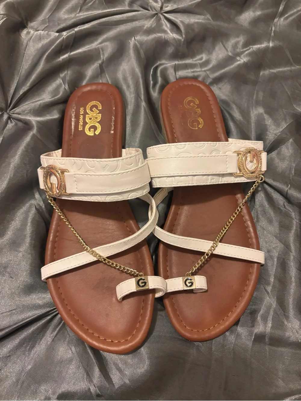 G by Guess Cream Leather Chain-Accent Sandals